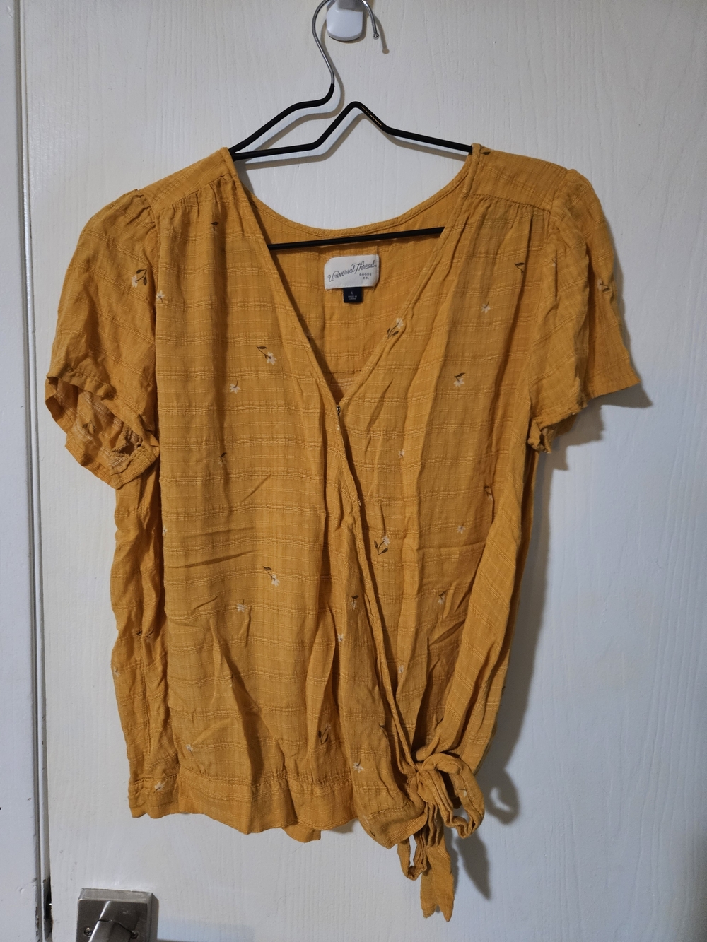 Universal Thread Mustard Floral Wrap Tie-Front Short Sleeve Blouse